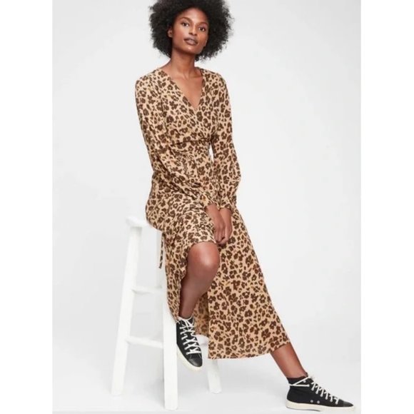 Gap Leopard Print Wrap Midi Dress Size 8 - Picture 1 of 9